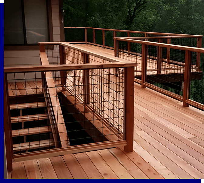 A wooden deck with metal railing and steps.